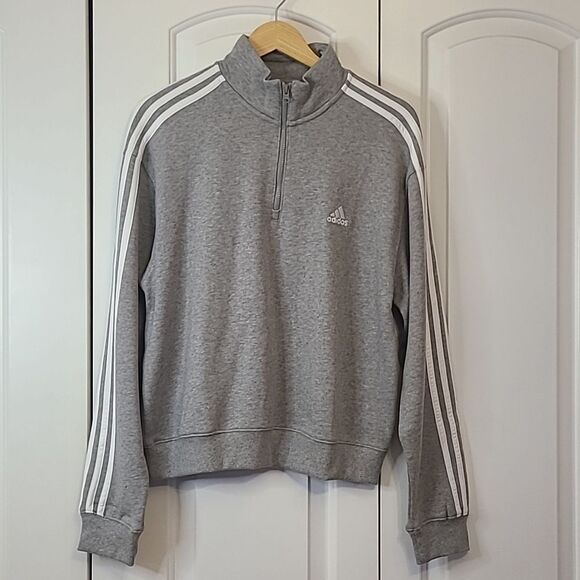 adidas Women's Essentials 3-Stripes Quarter-Zip Sweatshirt Gray and White Size L - Picture 2 of 12